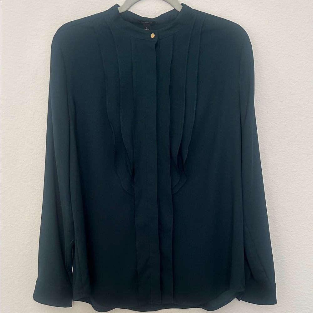 Ann Taylor Large Teal Pintuck Front Button-Down Blouse